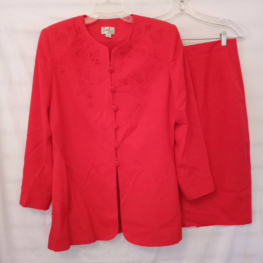 Emily‎ Skirt Suit Size 12 Bright Red 2 Piece Floral Embroidered Vintage AS IS